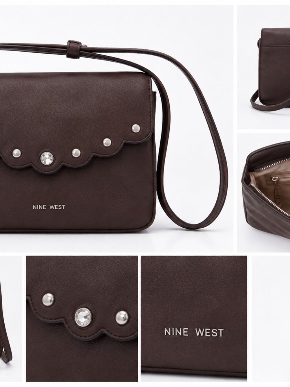 Nine West Brown Scalloped Flap Crossbody with Stud Accents